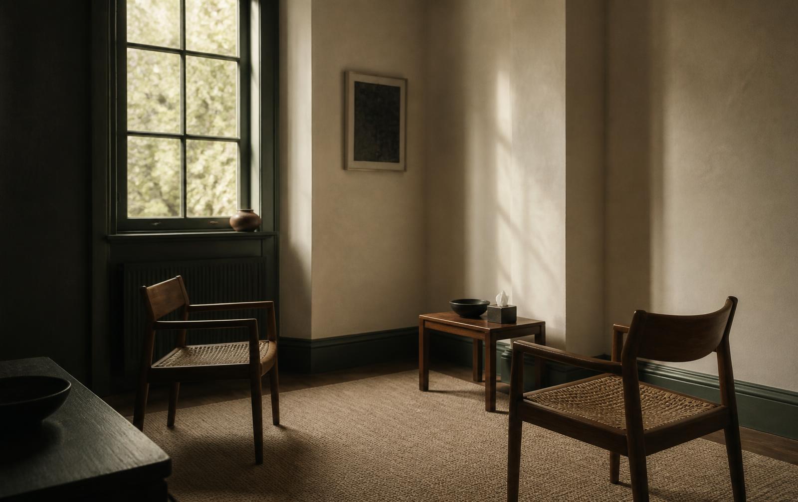 A calm corner of a home with a chair and warm daylight